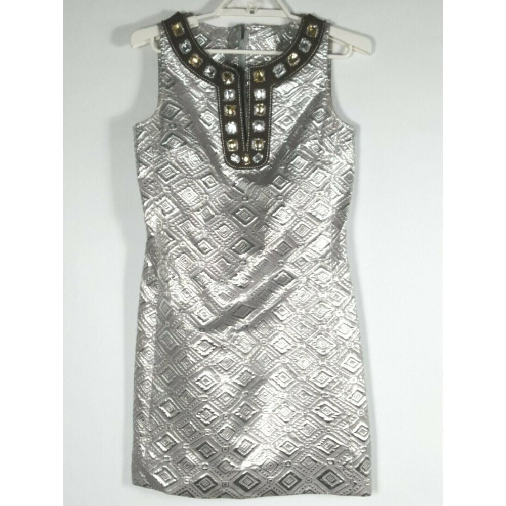Tory Burch Sz 2 Jeweled VNeck Sheath Dress Metalli